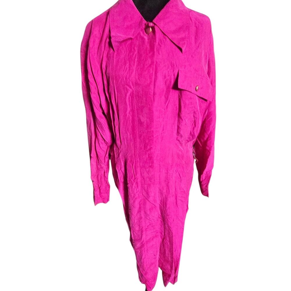 Adrianna Papell 100% Silk Shirt Dress Hot Pink Fuchsia Long Sleeve Size 14